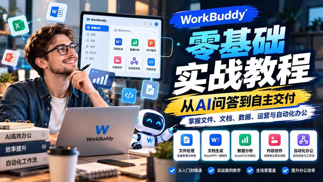 WorkBuddy零基础实战教程：从AI问答到自主交付，掌握文件、文档、数据、运营与自动化办公-2爱1学习资源网-伴学无忧