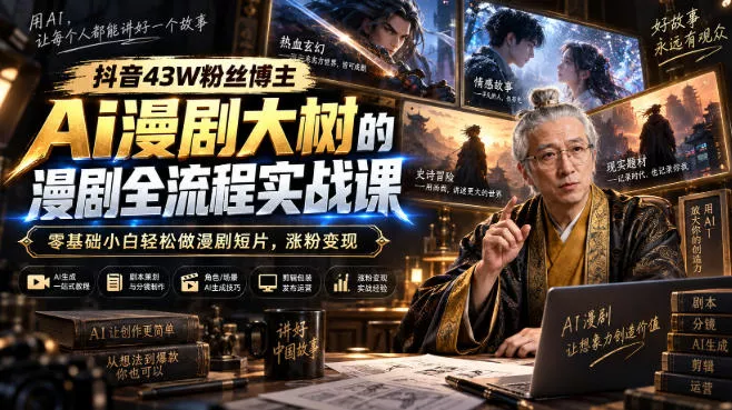 抖音43W粉丝博主Ai漫剧大树的漫剧制作全流程实战课,零基础小白轻松做漫剧短片,涨粉变现 抖音43W粉丝博主Ai漫剧大树的漫剧制作全流程实战课,零基础小白轻松做漫剧短片,涨粉变现