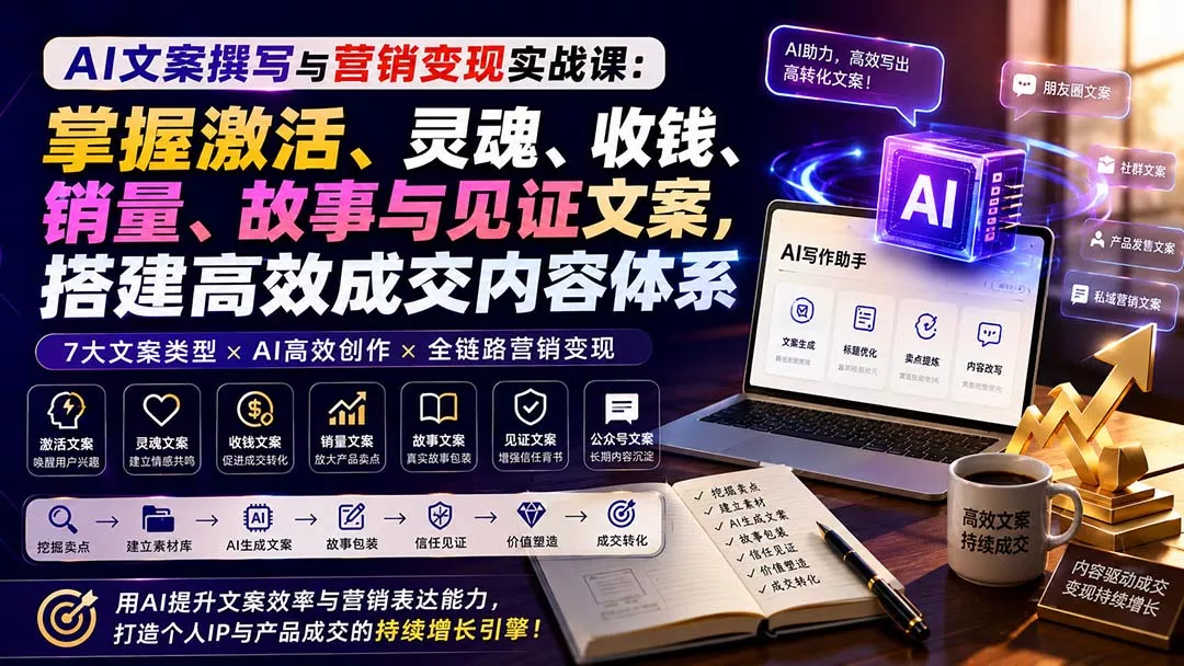 AI文案撰写与营销变现实战课：掌握激活、灵魂、收钱、销量、故事与见证文案，搭建高效成交内容体系-2爱1学习资源网-伴学无忧
