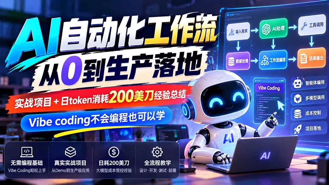 【无水印】AI自动化工作流从0到生产落地，实战项目+日token消耗200美刀经验总结，Vibe coding不会编程也可以学-2爱1学习资源网-伴学无忧