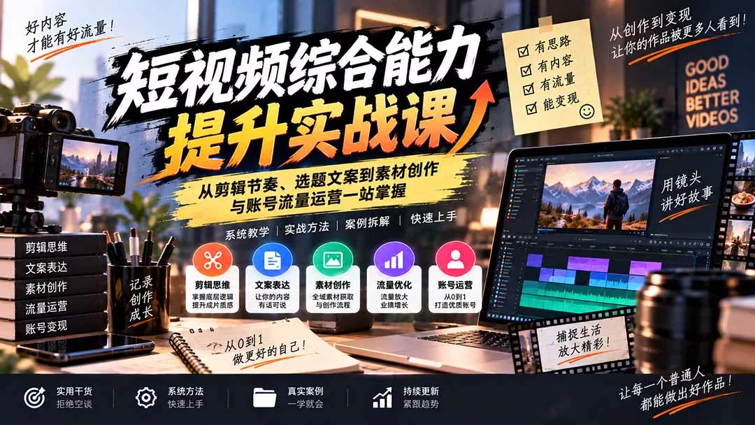 短视频综合能力提升实战课：从剪辑节奏、选题文案到素材创作与账号流量运营一站掌握-2爱1学习资源网-伴学无忧