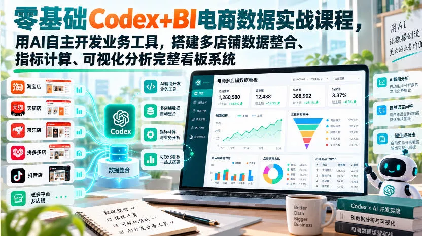 零基础Codex+BI电商数据实战课程，用AI自主开发业务工具，搭建多店铺数据整合、指标计算、可视化分析完整看板系统-2爱1学习资源网-伴学无忧
