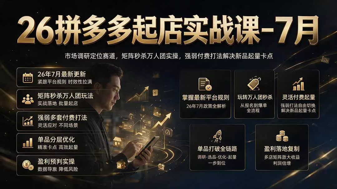 26拼多多起店实战课-7月|市场调研定位赛道,矩阵秒杀万人团实操,强弱付费打法解决新品起量卡点 26拼多多起店实战课-7月|市场调研定位赛道,矩阵秒杀万人团实操,强弱付费打法解决新品起量卡点