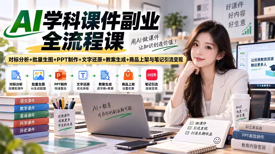 AI学科课件副业全流程课|对标分析+批量生图+PPT制作+文字还原+教案生成+商品上架与笔记引流变现 AI学科课件副业全流程课|对标分析+批量生图+PPT制作+文字还原+教案生成+商品上架与笔记引流变现