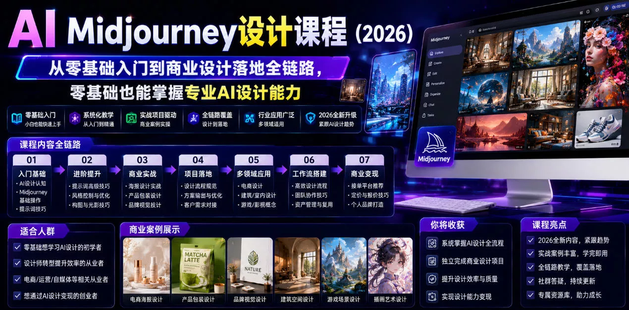 AI Midjourney设计课程(2026)，从零基础入门到商业设计落地全链路，零基础也能掌握专业AI设计能力(更新1007)-2爱1学习资源网-伴学无忧