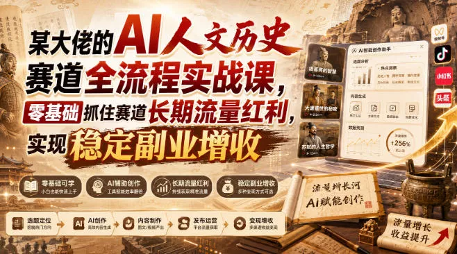 某大佬的AI人文历史赛道全流程实战课，零基础抓住赛道长期流量红利，实现稳定副业增收-2爱1学习资源网-伴学无忧