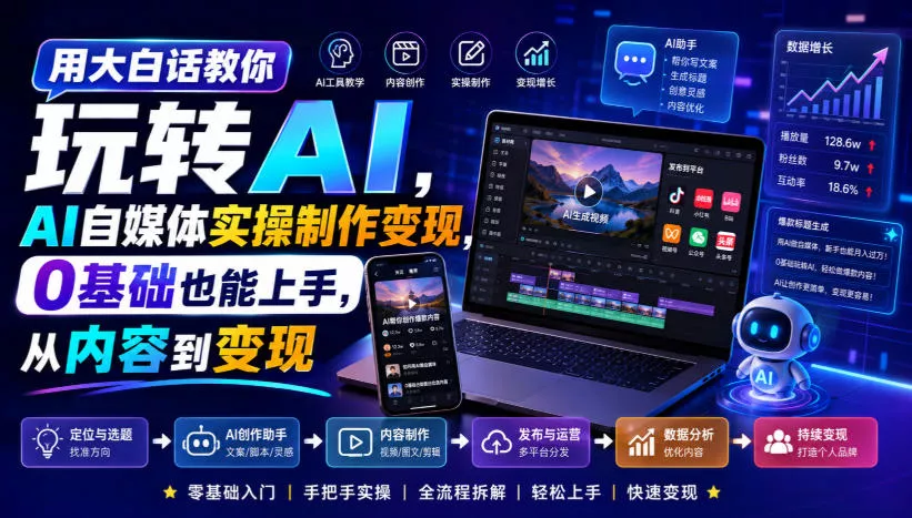 用大白话教你玩转AI，AI自媒体实操制作变现，0基础也能上手，从内容到变现-2爱1学习资源网-伴学无忧