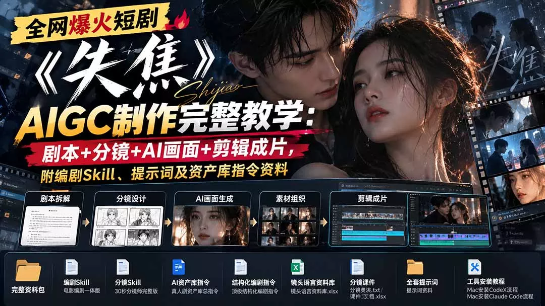 全网爆火短剧《失焦》AIGC制作完整教学：剧本+分镜+AI画面+剪辑成片，附编剧Skill、提示词及资产库指令资料-2爱1学习资源网-伴学无忧