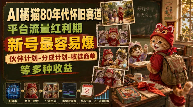 AI橘猫80年代怀旧赛道，平台流量红利期，新号最容易爆，伙伴计划-分成计划-收徒商单等多种收益-2爱1学习资源网-伴学无忧