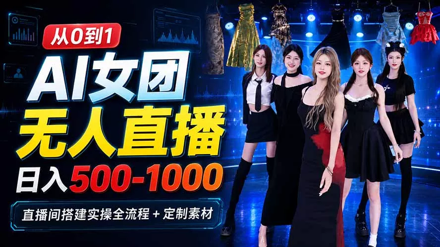 AI 女团无人直播，躺入500-1000每天，直播间搭建实操全流程+定制素材-2爱1学习资源网-伴学无忧