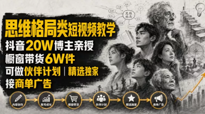 人性思维格局类短视频教学，抖音20W博主亲授，橱窗带货6W件，可做伙伴计划、精选独家、接商单广告