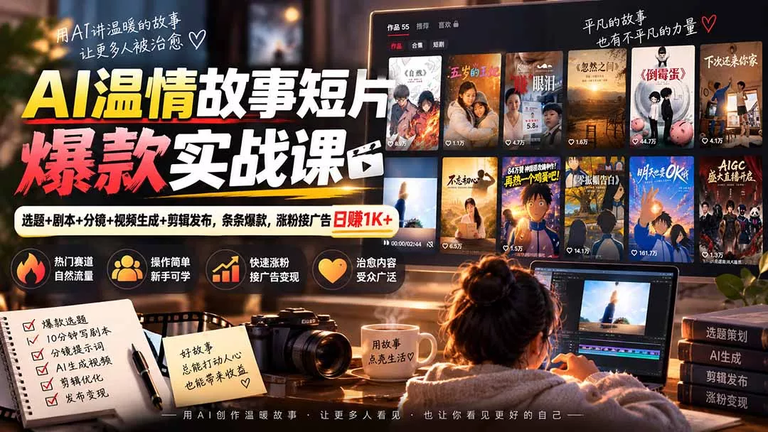 AI温情故事短片爆款实战课-更新|选题+剧本+分镜+视频生成+剪辑发布,条条爆款,涨粉接广告日赚1K+-2爱1学习资源网-伴学无忧