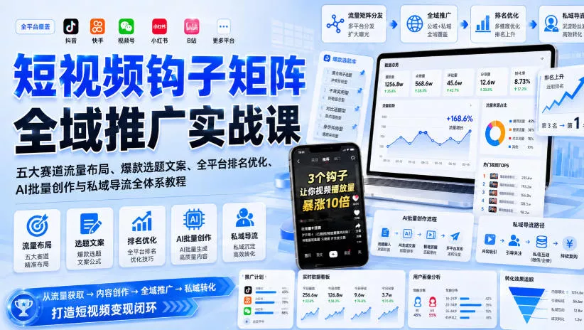 短视频钩子矩阵全域推广实战课｜五大赛道流量布局、爆款选题文案、全平台排名优化、AI批量创作与私域导流全体系教程-2爱1学习资源网-伴学无忧