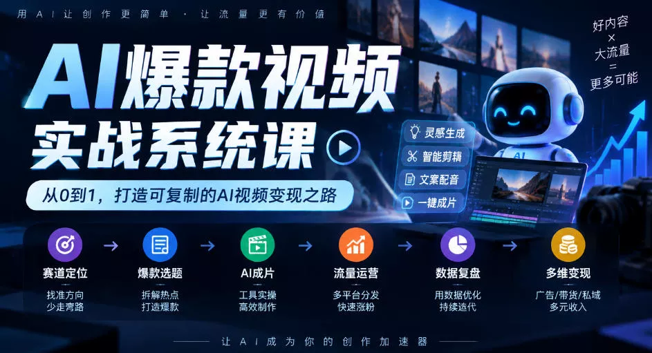 AI爆款视频实战系统课｜赛道定位、爆款选题、AI成片、流量运营、数据复盘、多维变现全链路教学-2爱1学习资源网-伴学无忧