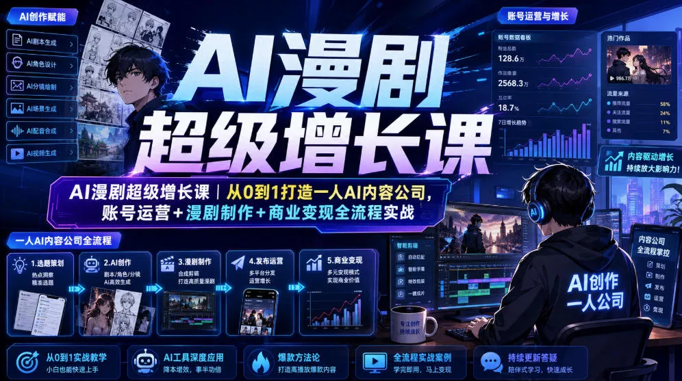 AI漫剧超级增长课｜从0到1打造一人AI内容公司，账号运营+漫剧制作+商业变现全流程实战-2爱1学习资源网-伴学无忧