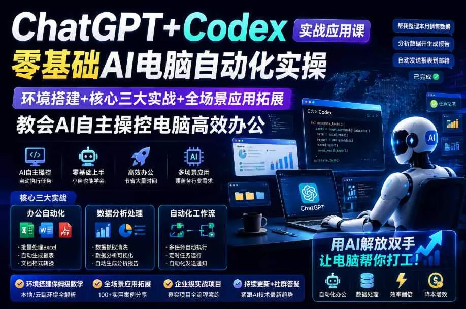 ChatGPT+Codex实战应用课｜零基础AI电脑自动化实操，环境搭建+核心三大实战+全场景应用拓展，教会AI自主操控电脑高效办公-2爱1学习资源网-伴学无忧