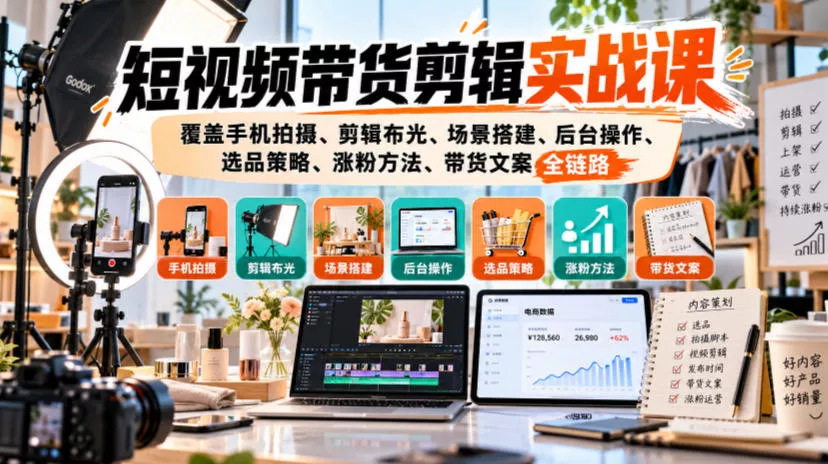 短视频带货剪辑实战课,覆盖手机拍摄、剪辑布光、场景搭建、后台操作、选品策略、涨粉方法、带货文案全链路-2爱1学习资源网-伴学无忧