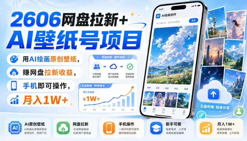 2606网盘拉新+AI壁纸号项目，用AI绘画原创壁纸，賺网盘拉新收益，手机即可操作，月入1W+-2爱1学习资源网-伴学无忧
