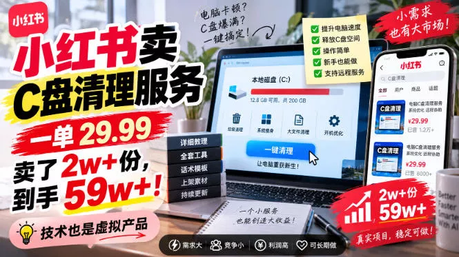 小红书卖C盘清理服务，一单29.99，卖了2w+份，技术也是虚拟产品-2爱1学习资源网-伴学无忧