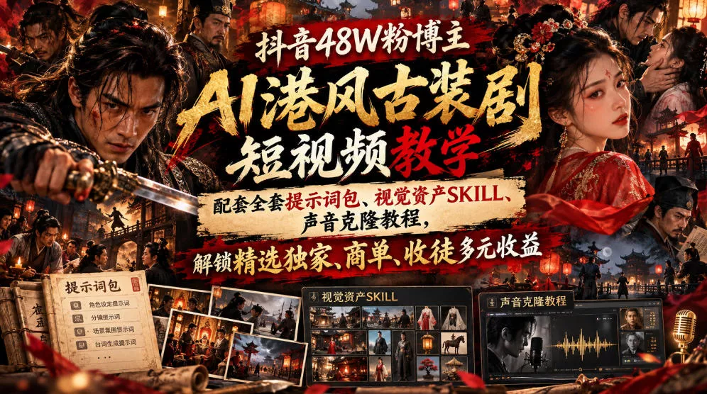 抖音48W粉博主AI港风古装剧短视频教学，配套全套提示词包、视觉资产SKILL、声音克隆教程，解锁精选独家、商单、收徒多元收益-2爱1学习资源网-伴学无忧