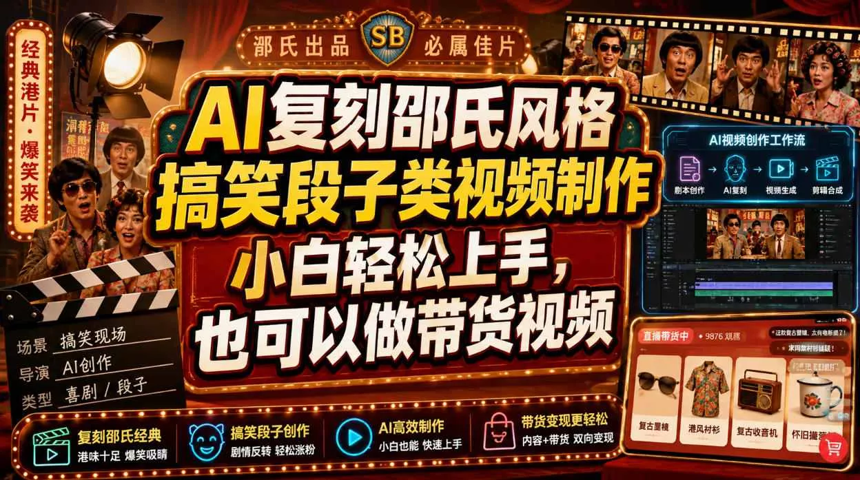 AI复刻邵氏风格搞笑段子类视频制作，小白轻松上手，也可以做带货视频-2爱1学习资源网-伴学无忧