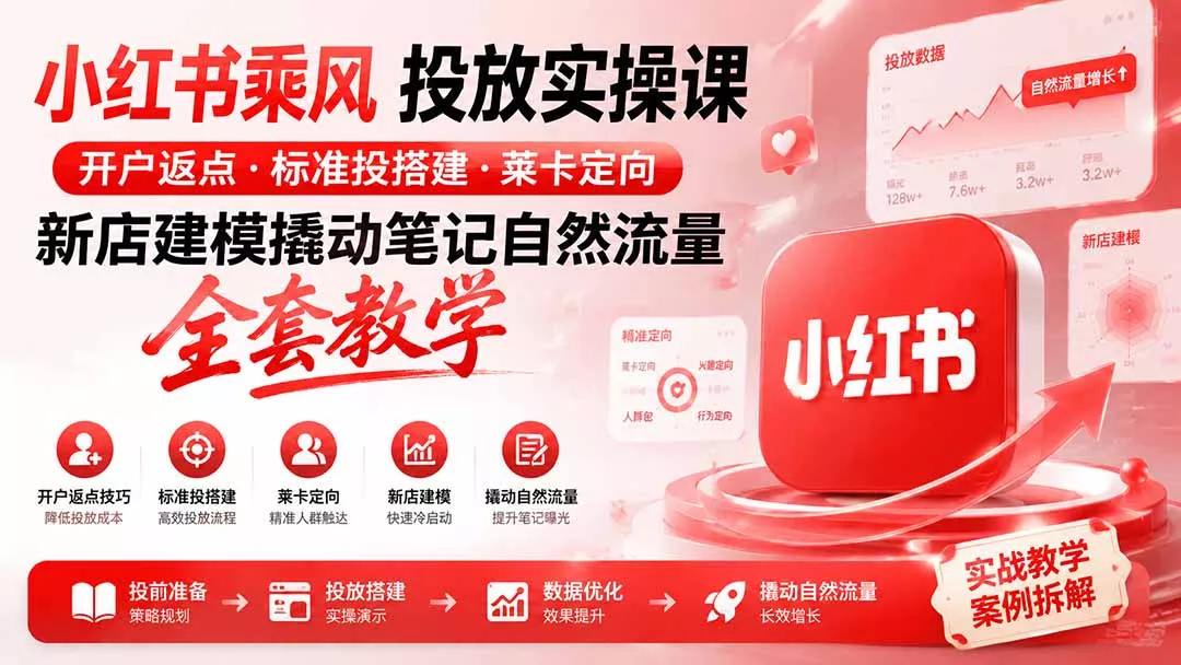 小红书乘风投放-100分钟实操课｜开户返点·标准投搭建·莱卡定向，新店建模撬动笔记自然流量全套教学-2爱1学习资源网-伴学无忧