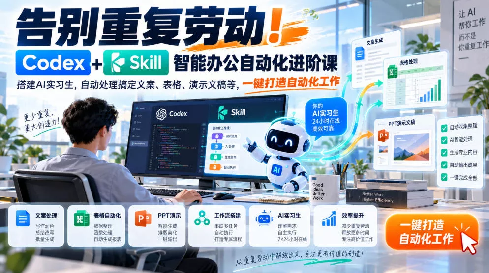 告别重复劳动！Codex+Skill智能办公自动化进阶课｜搭建AI实习生，自动处理搞定文案、表格、演示文稿等，一键打造自动化工作-2爱1学习资源网-伴学无忧