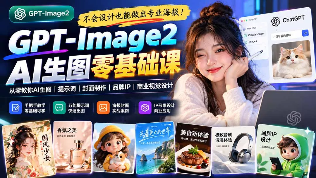 不会设计也能做出专业海报！GPT-Image2从零教你AI生图、提示词、封面制作、品牌IP与商业视觉设计-2爱1学习资源网-伴学无忧