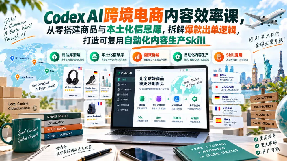 Codex AI跨境电商内容效率课，从零搭建商品与本土化信息库，拆解爆款出单逻辑，打造可复用自动化内容生产Skill-2爱1学习资源网-伴学无忧