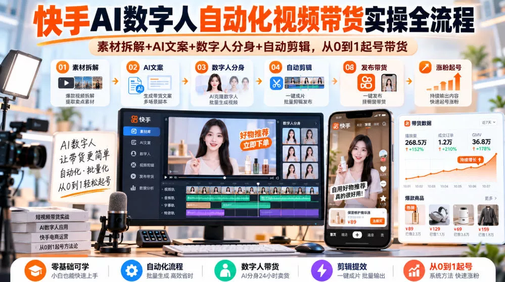 快手AI数字人自动化视频带货实操全流程｜素材拆解+AI文案+数字人分身+自动剪辑，从0到1起号带货(更新26年)-2爱1学习资源网-伴学无忧