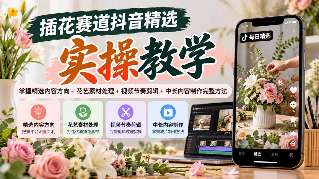 插花赛道抖音精选实操教学：掌握精选内容方向+花艺素材处理+视频节奏剪辑+中长内容制作完整方法-2爱1学习资源网-伴学无忧
