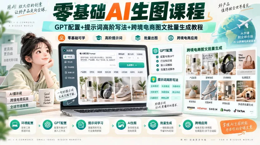 零基础AI生图课程,GPT配置+提示词高阶写法+跨境电商图文批量生成教程 零基础AI生图课程,GPT配置+提示词高阶写法+跨境电商图文批量生成教程