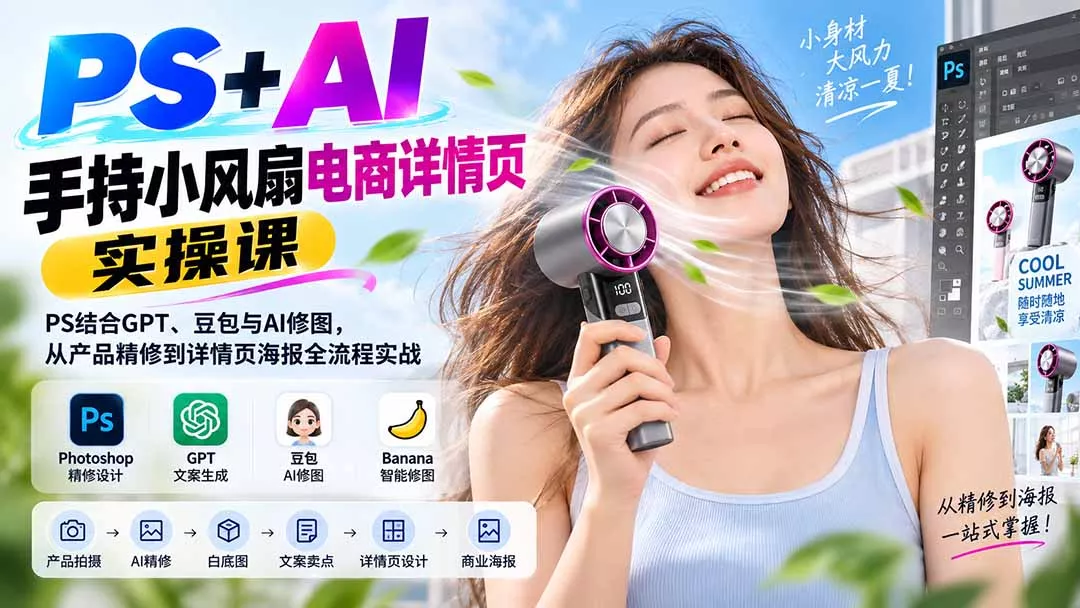 PS+AI手持小风扇电商详情页实操课：PS结合GPT、豆包与AI修图，从产品精修到详情页海报全流程实战-2爱1学习资源网-伴学无忧