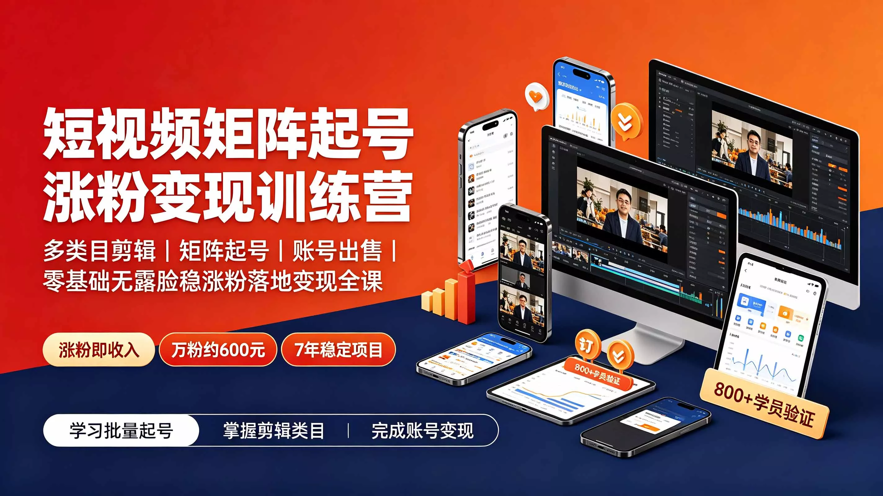 短视频矩阵起号涨粉变现训练营|多类目剪辑·矩阵起号·账号出售,0基础无露脸稳涨粉落地变现全课-更新-2爱1学习资源网-伴学无忧