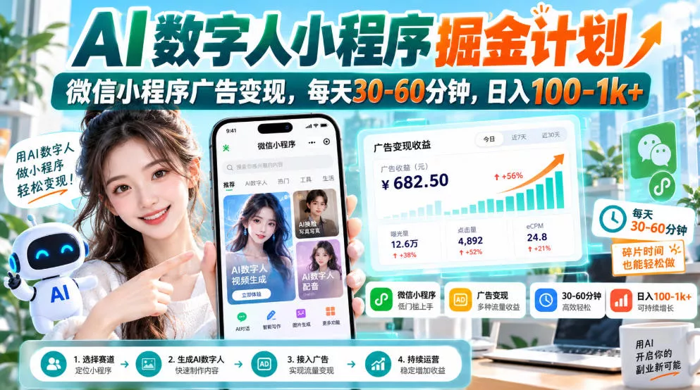 【无水印】AI数字人小程序掘金计划，微信小程序广告变现，每天30‑60分钟，日入100‑1k+-2爱1学习资源网-伴学无忧