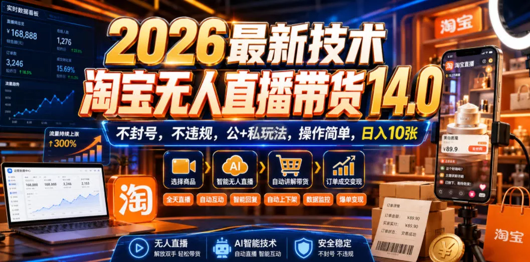 2026最新技术，淘宝无人直播带货14.0，不封号，不违规，公+私玩法，操作简单，日入10张【揭秘】-2爱1学习资源网-伴学无忧