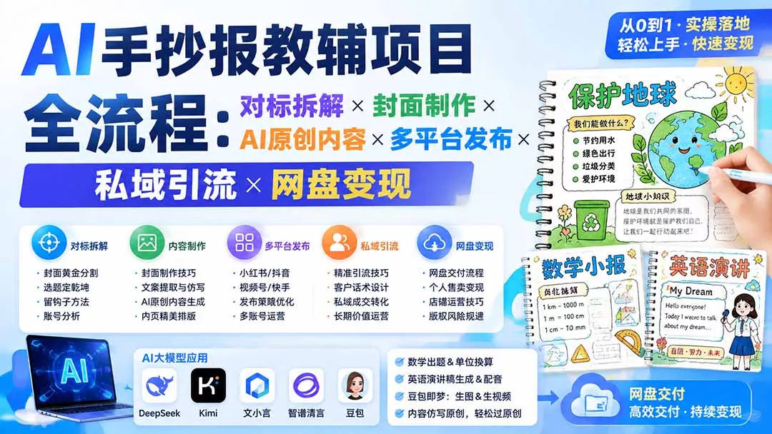 AI手抄报教辅项目全流程：对标拆解×封面制作×AI原创内容×多平台发布×私域引流×网盘变现-2爱1学习资源网-伴学无忧