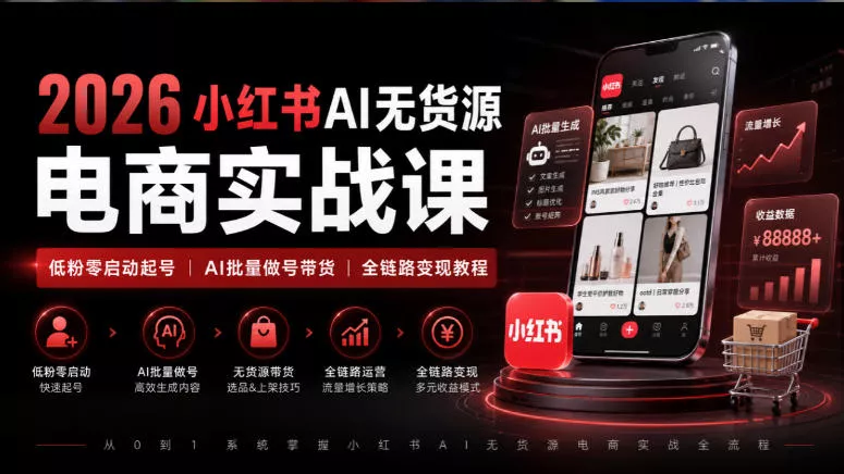 2026小红书AI无货源电商实战课｜低粉零启动起号｜AI批量做号带货全链路变现教程-2爱1学习资源网-伴学无忧