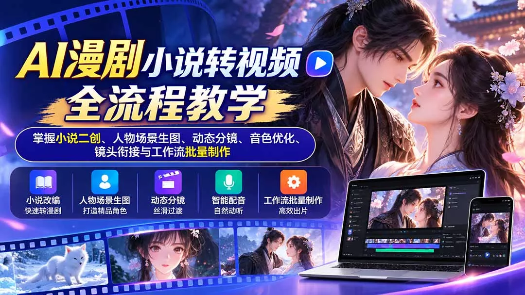 AI漫剧小说转视频全流程教学：掌握小说二创、人物场景生图、动态分镜、音色优化、镜头衔接与工作流批量制作-2爱1学习资源网-伴学无忧