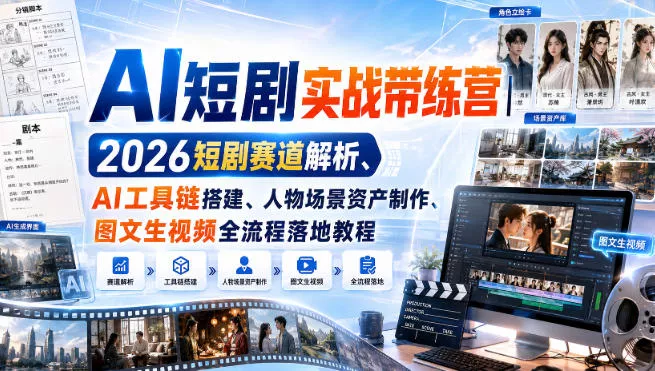 AI短剧实战带练营｜2026短剧赛道解析、AI工具链搭建、人物场景资产制作、图文生视频全流程落地教程-2爱1学习资源网-伴学无忧
