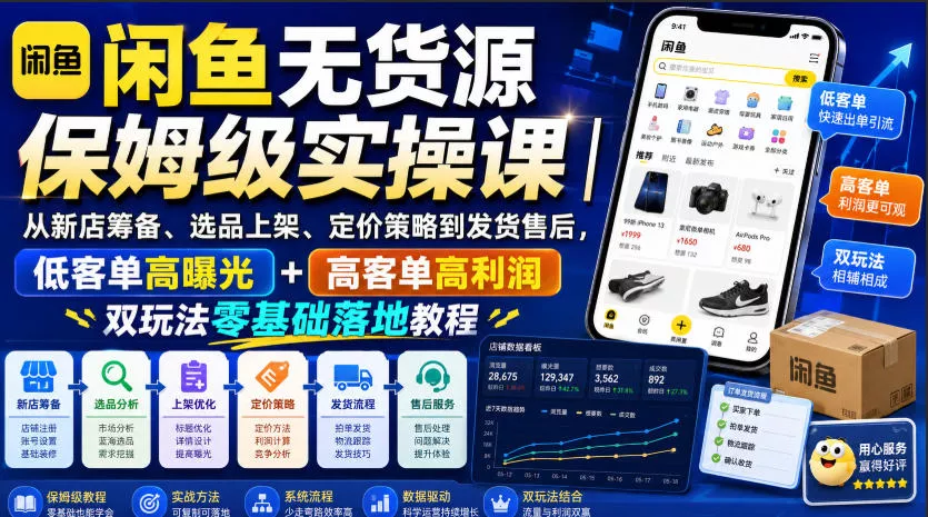 闲鱼无货源保姆级实操课｜从新店筹备、选品上架、定价策略到发货售后，低客单高曝光+高客单高利润双玩法零基础落地教程-2爱1学习资源网-伴学无忧