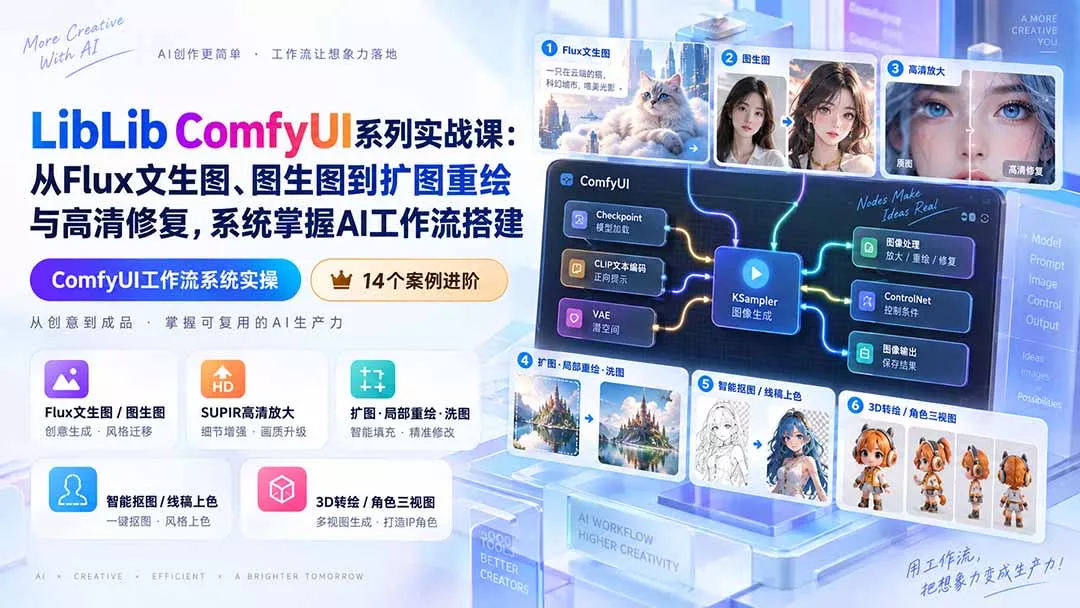 LibLib ComfyUI系列实战课:从Flux文生图、图生图到扩图重绘与高清修复,系统掌握AI工作流搭建 LibLib ComfyUI系列实战课:从Flux文生图、图生图到扩图重绘与高清修复,系统掌握AI工作流搭建