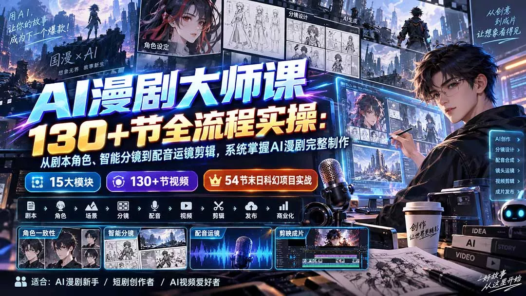 AI漫剧大师课130+节全流程实操：从剧本角色、智能分镜到配音运镜剪辑，系统掌握AI漫剧完整制作-2爱1学习资源网-伴学无忧