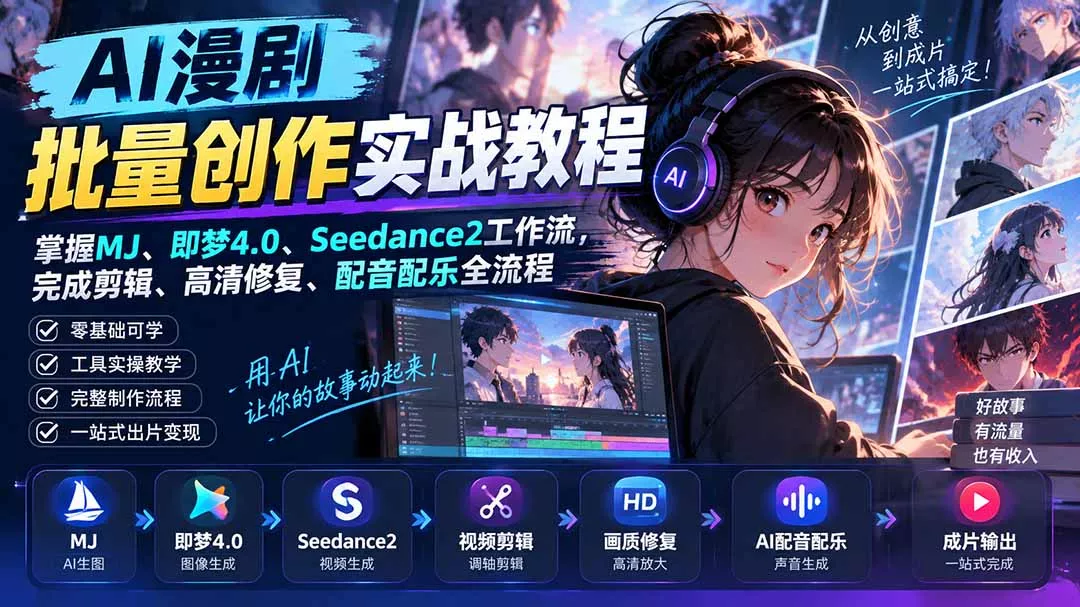 AI漫剧批量创作实战教程:掌握MJ、即梦4.0、Seedance2工作流,完成剪辑、高清修复、配音配乐全流程-2爱1学习资源网-伴学无忧