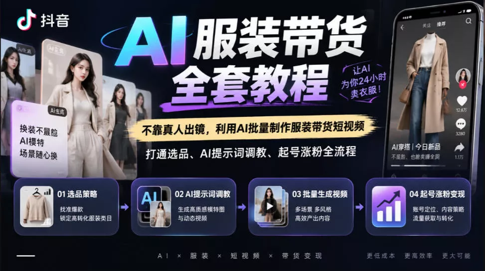 抖音AI服装带货全套教程，不靠真人出镜，利用AI批量制作服装带货短视频，打通选品、AI提示词调教、起号涨粉全流程