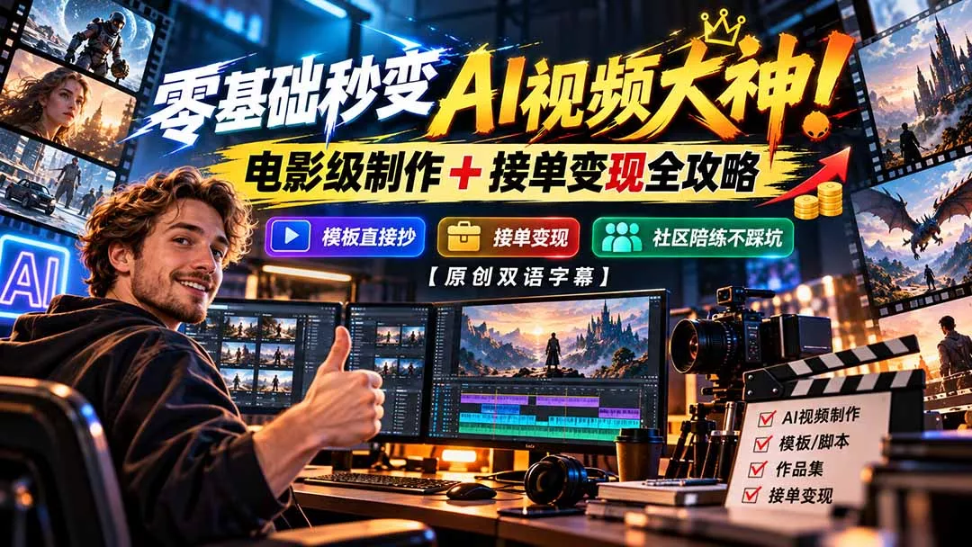 零基础秒变AI视频大神！电影级制作 + 接单变现全攻略，模板直接抄，社区陪练不踩坑【原创双语字幕】-2爱1学习资源网-伴学无忧