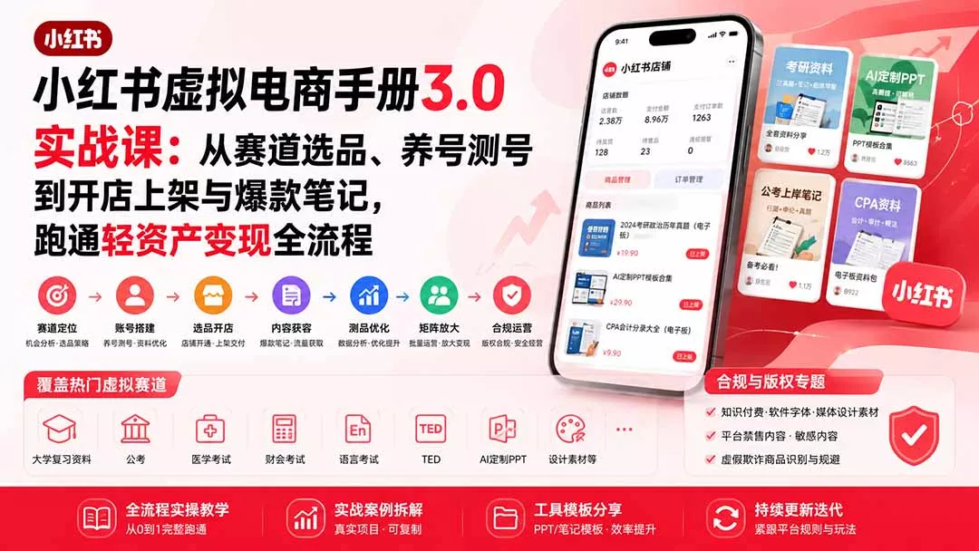 小红书虚拟电商手册3.0实战课：从赛道选品、养号测号到开店上架与爆款笔记，跑通轻资产变现全流程-2爱1学习资源网-伴学无忧