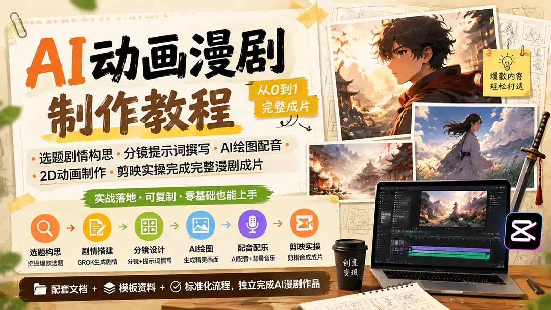 AI动画漫剧制作教程｜选题剧情构思·分镜提示词撰写·AI绘图配音·2D动画制作·剪映实操完成完整漫剧成片-2爱1学习资源网-伴学无忧