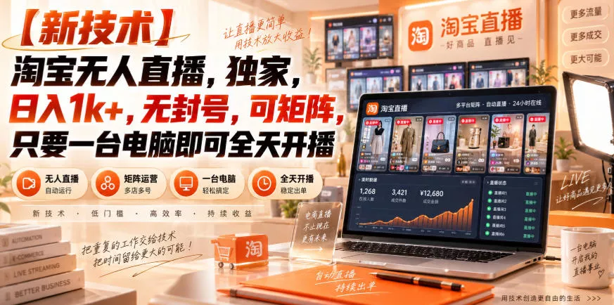 【独家新技术】淘宝无人直播,日入1k+,无封号,可矩阵,只要一台电脑即可全天开播【揭秘】-2爱1学习资源网-伴学无忧