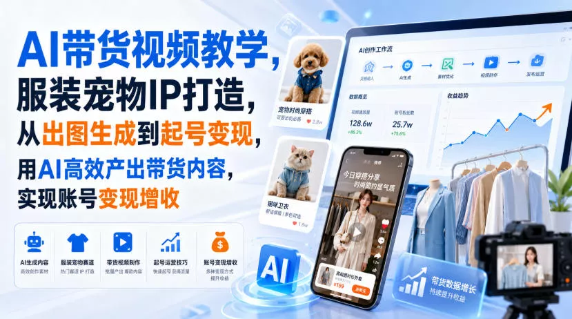 AI带货视频教学，服装宠物IP打造，从出图生成到起号变现，用AI高效产出带货内容，实现账号变现增收-2爱1学习资源网-伴学无忧